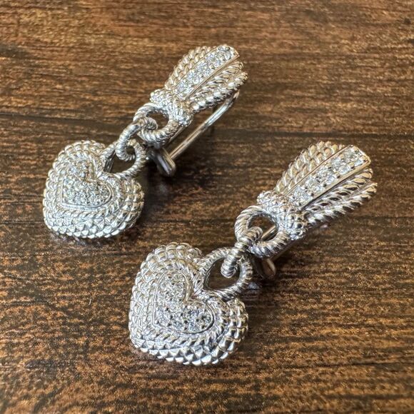 Judith Ripka Sterling Silver Diamonique CZ Heart Dangle Earrings 925 Rope - Picture 2 of 6